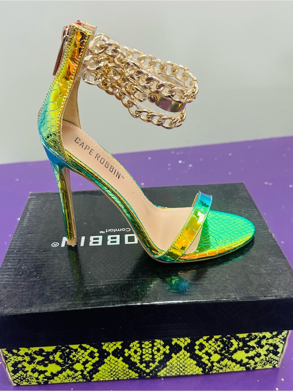 Cape Robbin Iridescent Green Chain-Ankle Stiletto Sandal